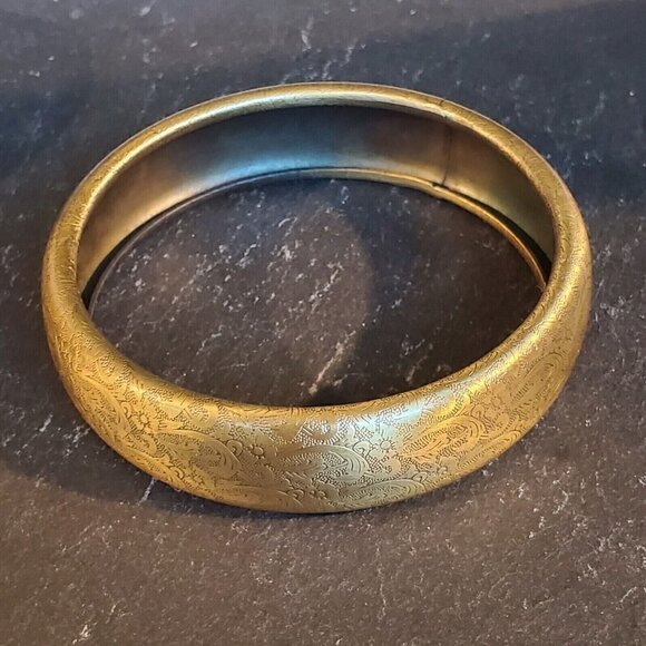 Vintage Y2K 90s Grunge Steampunk Bronze Carved Flowers Metal Bangle Bracelet - Picture 6 of 9